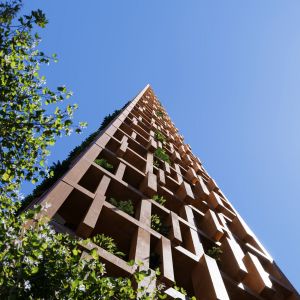 Perspectiva da fachada do Auris Residenze, em Balneário Camboriú (SC), mostrando a estrutura vertical com design biofílico e revestimento em concreto aparente.