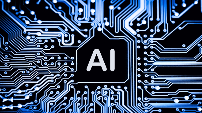 Placa de circuito eletrônico estilizada com o texto “AI” ao centro.