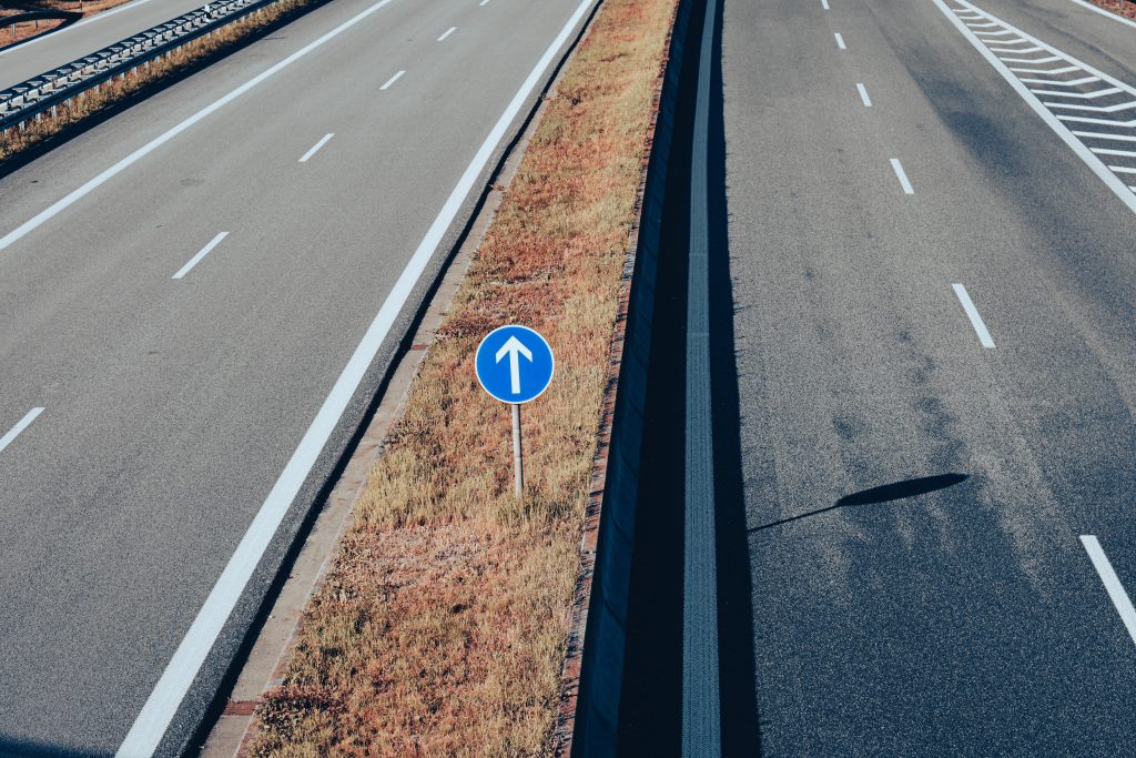 Rodovia com sinalização vertical de sentido obrigatório e faixas de solo.